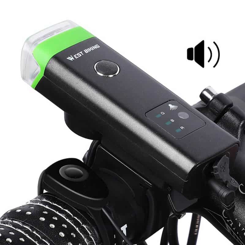 Far bicicleta cu senzor de lumina si claxon/sonerie, rezistent la apa, cu incarcare USB