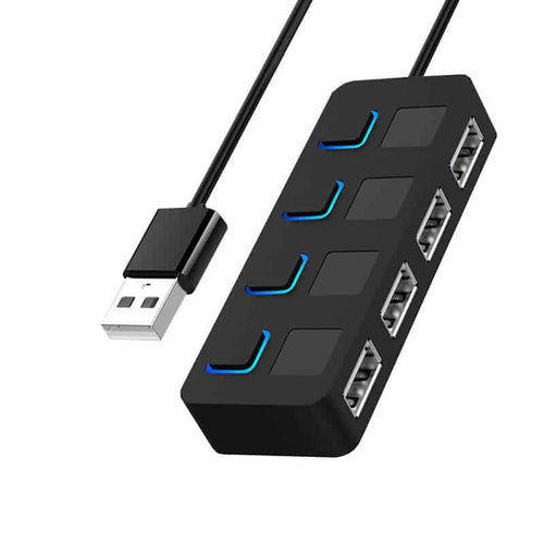 Edman UP4 4-port USB 2.0 hub, individual switches with LED, surge protection, universal compatibility, Black