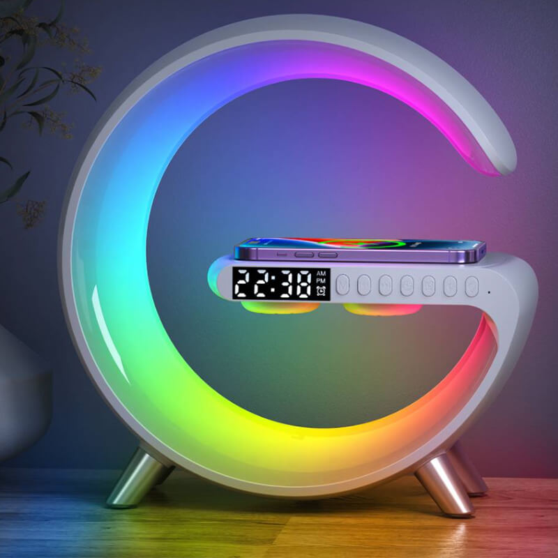 Lampa inteligenta Edman RGB, cu incarcare rapida, fara fir, difuzoare, afisaj digital, alarma, control prin aplicatie, Gri