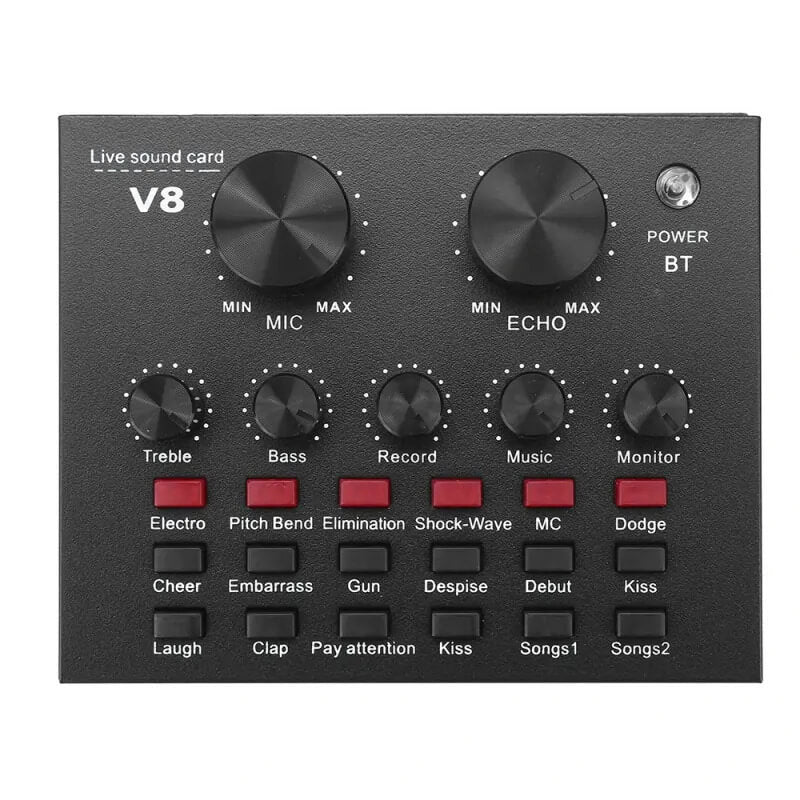 Placa de sunet multifunctionala cu bluetooth Edman V8 pentru live, podcast si muzica, cu 18 efecte, negru