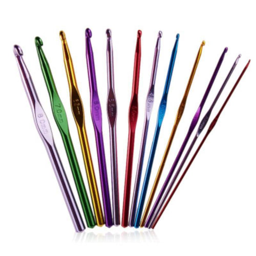 Edman set of 12 aluminium crochet hooks, 2 - 8 mm, 15 cm long, Multicolour