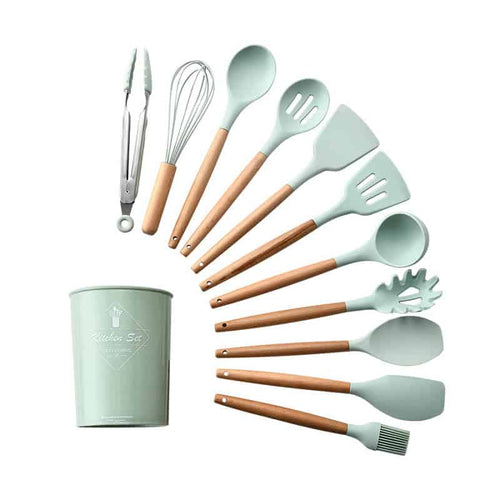 Edman set of 12 silicone cooking utensils, sturdy wooden handles
