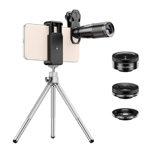Apexel APL-22X105-4IN1 4-in-1 professional smartphone lens set, 22x telephoto, 205° fisheye, 120° wide, 25X macro, mini tripod, clip