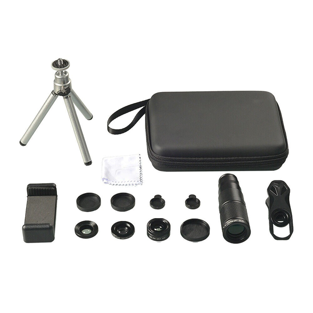Set 4 in 1 lentile profesionale smartphone Apexel APL-22X105-4IN1, Obiectiv telephoto 22x, 205gr Fisheye, 120gr Wide, 25X Macro, Mini trepied, Clema de prindere