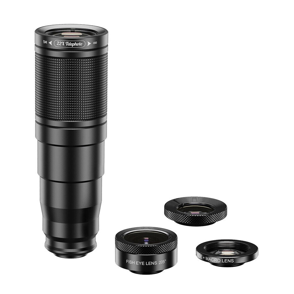 Set 4 in 1 lentile profesionale smartphone Apexel APL-22X105-4IN1, Obiectiv telephoto 22x, 205gr Fisheye, 120gr Wide, 25X Macro, Mini trepied, Clema de prindere
