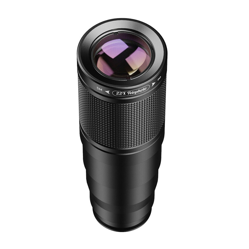 Set 4 in 1 lentile profesionale smartphone Apexel APL-22X105-4IN1, Obiectiv telephoto 22x, 205gr Fisheye, 120gr Wide, 25X Macro, Mini trepied, Clema de prindere
