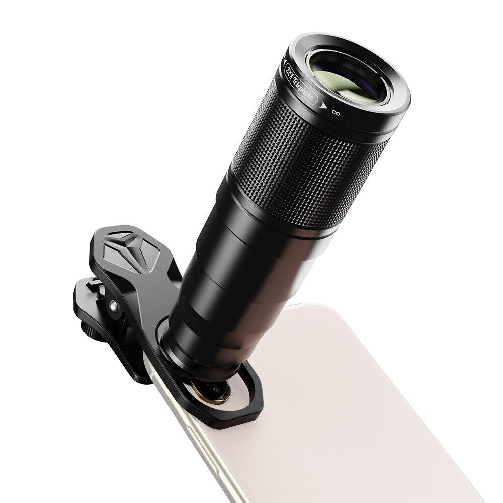 Set 4 in 1 lentile profesionale smartphone Apexel APL-22X105-4IN1, Obiectiv telephoto 22x, 205gr Fisheye, 120gr Wide, 25X Macro, Mini trepied, Clema de prindere