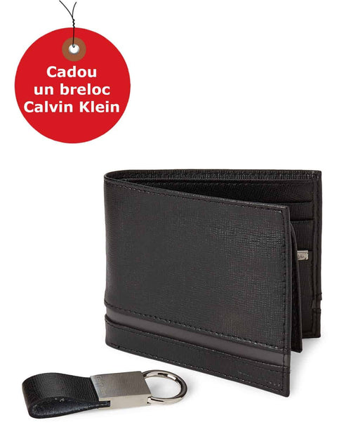 Calvin Klein Black Leather Passcase Wallet & Twist Key Fob Set, leather, Black