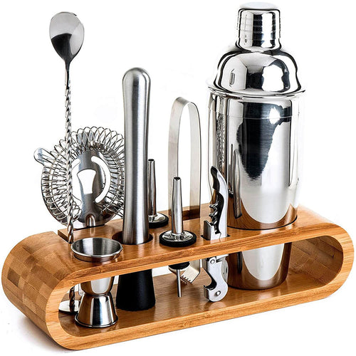 Edman bartender set, bamboo stand, 550 ml Cobbler shaker, 10 pieces, stainless steel, Silver