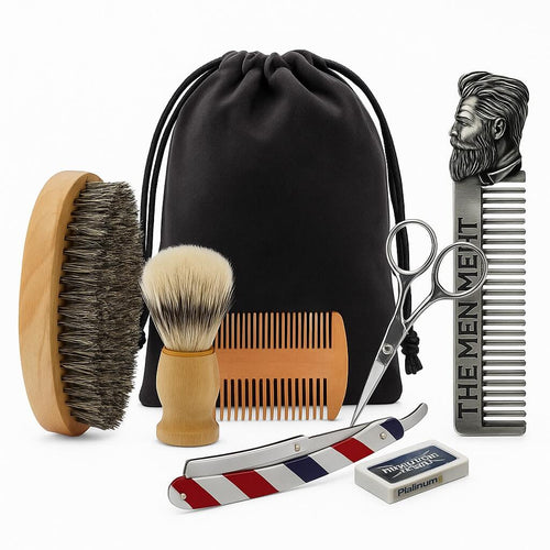 Beard care set, grooming kit for every man, includes brush, comb, scissors, travel pouch, razor, 6 pieces