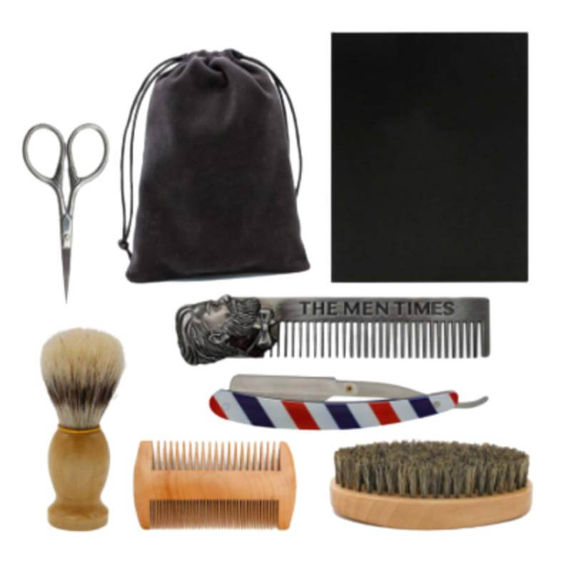 Set ingrijire barba, Kit grooming potrivit pentru orice barbat, contine perie, pieptene, foarfeca, saculet de transport, brici, 6 piese
