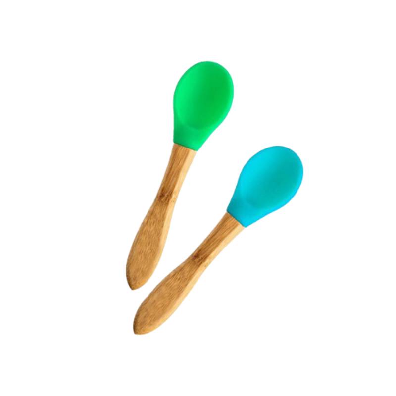 Set lingurite din bambus cu varf rotunjit din silicon albastru, verde, mov, 3 bucati