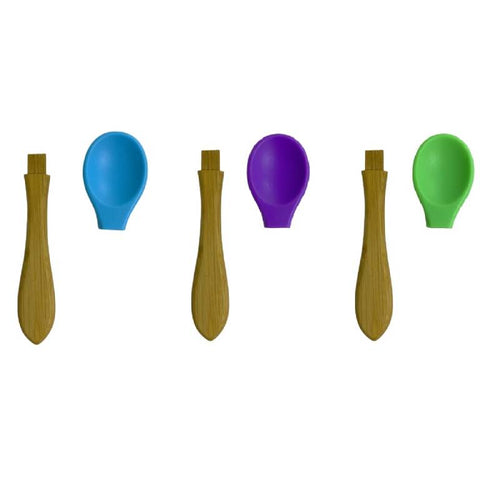 Set of 3 bamboo spoons with rounded silicone tip, blue, green, purple