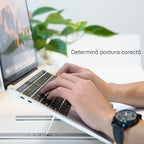 Suport-laptop-tableta-Edman-stand-pliabil-reglabil-universal-non-alunecos-aluminiu-argintiu-descriere