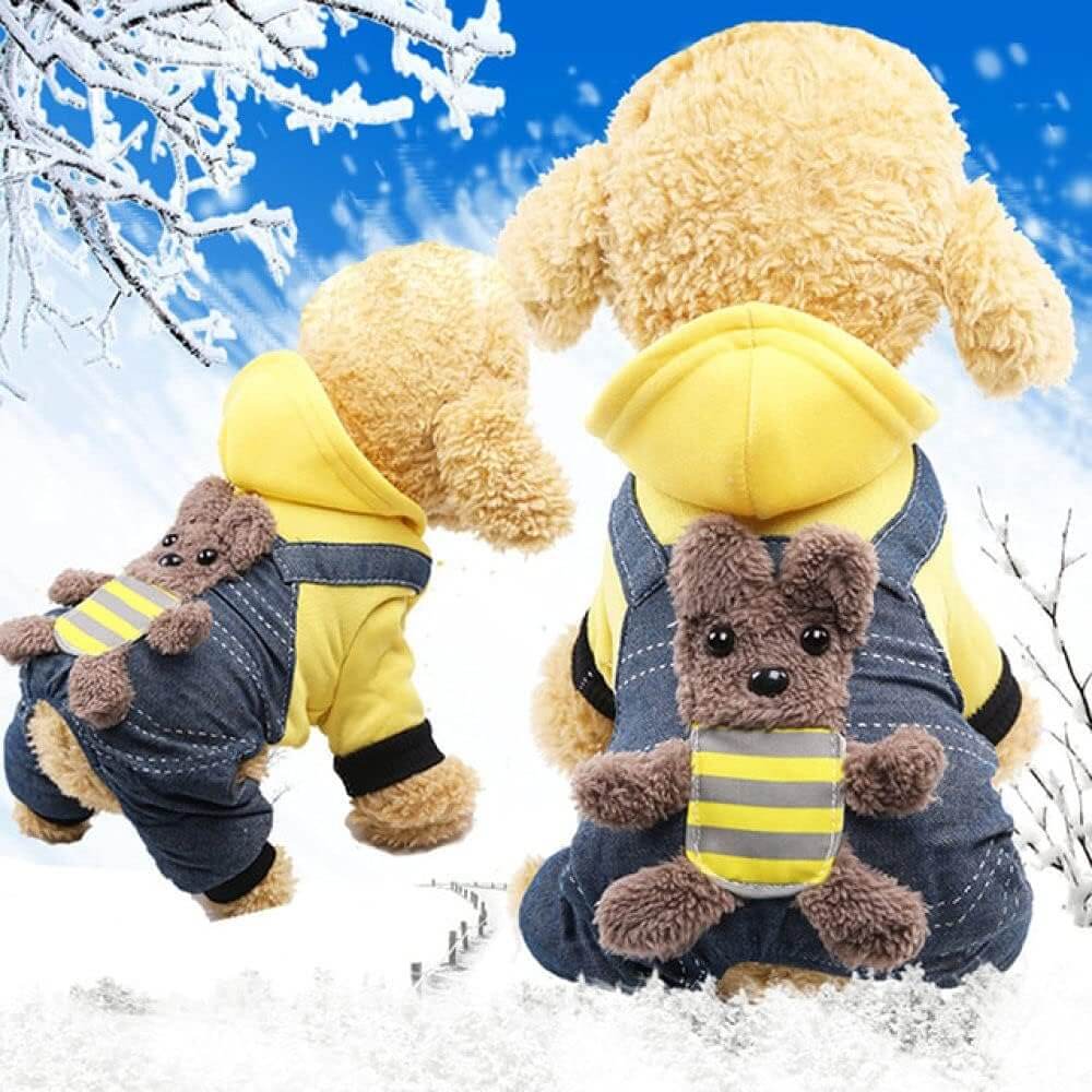 Costum catei Edman Pet Pro – Costum de tip trening cu ursulet pentru caini de talie mica, marimea L, Galben