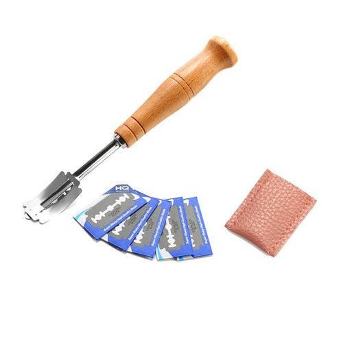 Edman bread scoring lame for bread and pastry, 18cm, wooden handle, 5 spare blades, leather cover, Brown