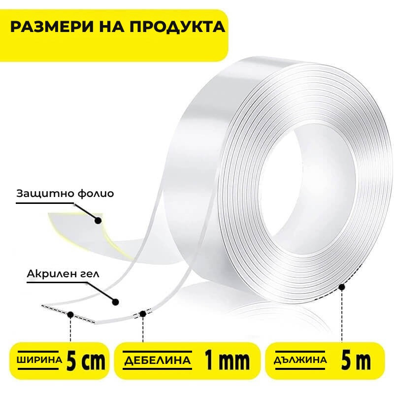 Banda dublu adeziva puternica cu Tehnologie Nano, Edman, Transparenta, Siliconica, Rezistenta la apa, Reutilizabila, Nu lasa urme, Grosime 1mm, Latime 5 cm, Lungime 5m