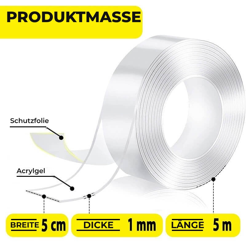 Banda dublu adeziva puternica cu Tehnologie Nano, Edman, Transparenta, Siliconica, Rezistenta la apa, Reutilizabila, Nu lasa urme, Grosime 1mm, Latime 5 cm, Lungime 5m