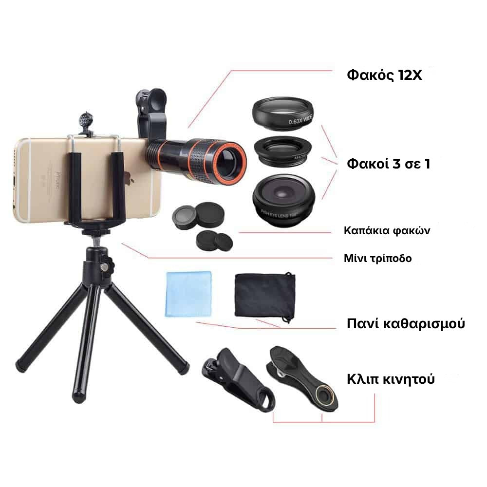 Set 4 in 1 lentile profesionale smartphone Apexel APL-HS12XDG3ZJ, prindere filet 17mm, Obiectiv zoom 12x, Fisheye, Macro, Wide, Mini trepied pentru telefoane, cu clema de prindere inclusa