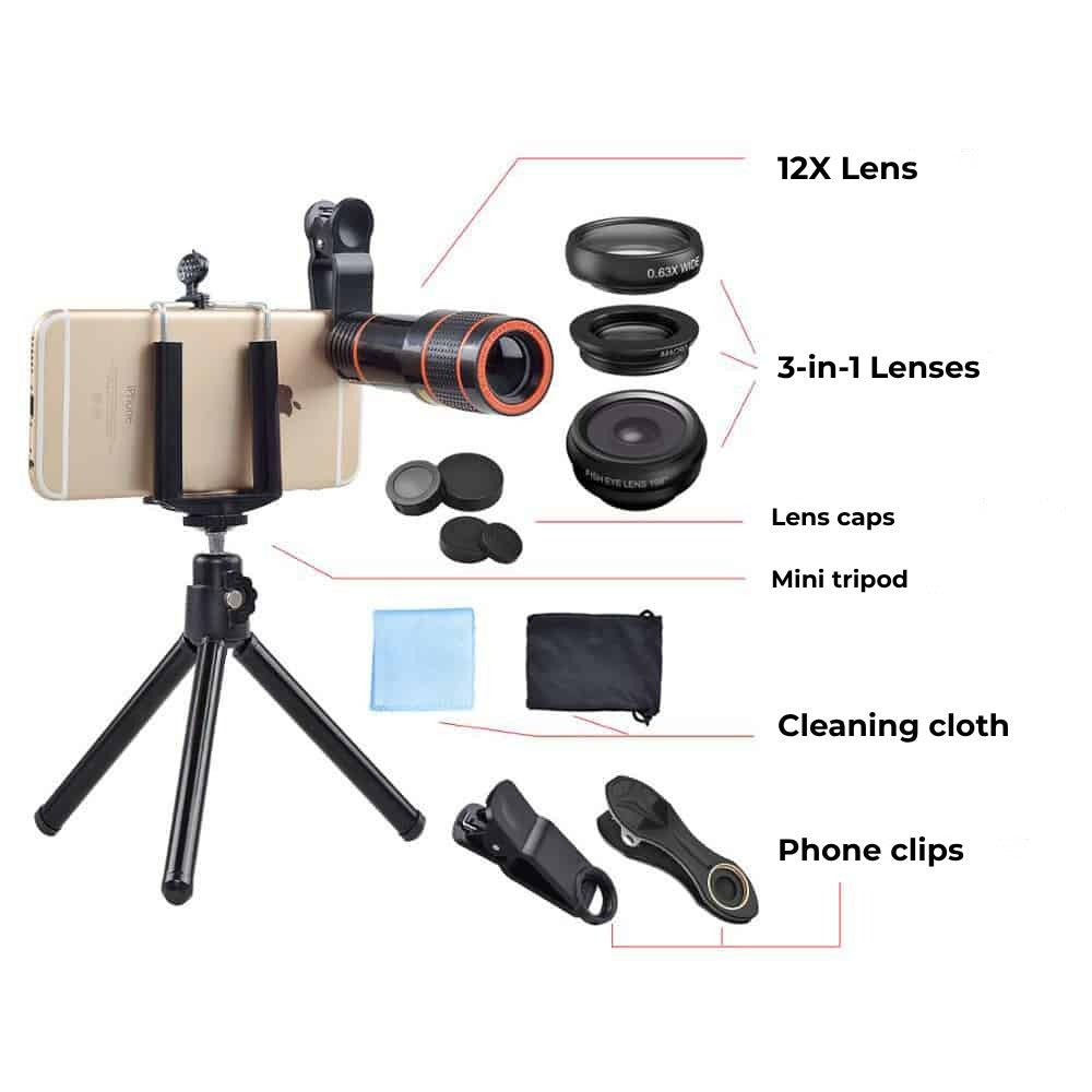Set 4 in 1 lentile profesionale smartphone Apexel APL-HS12XDG3ZJ, prindere filet 17mm, Obiectiv zoom 12x, Fisheye, Macro, Wide, Mini trepied pentru telefoane, cu clema de prindere inclusa