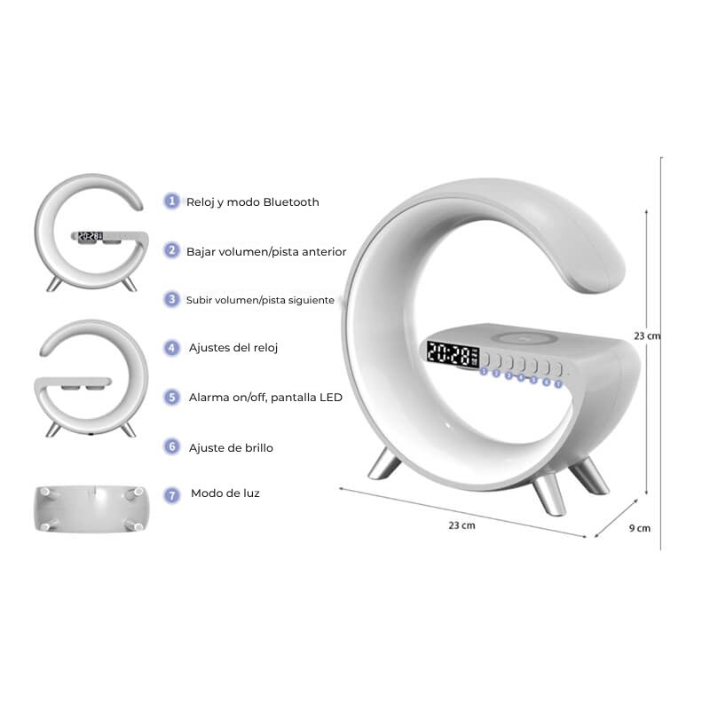 Lampa inteligenta Edman RGB, cu incarcare rapida, fara fir, difuzoare, afisaj digital, alarma, control prin aplicatie, Gri