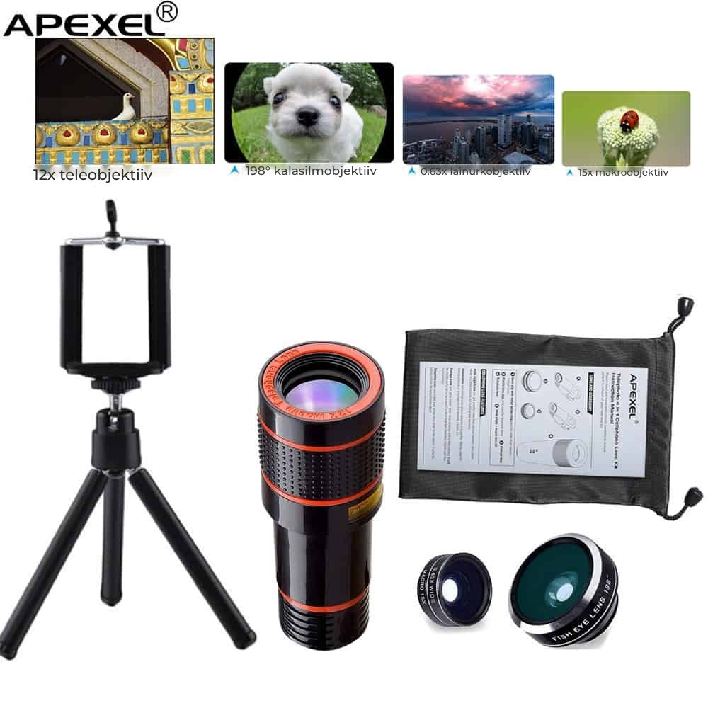 Set 4 in 1 lentile profesionale smartphone Apexel APL-HS12XDG3ZJ, prindere filet 17mm, Obiectiv zoom 12x, Fisheye, Macro, Wide, Mini trepied pentru telefoane, cu clema de prindere inclusa
