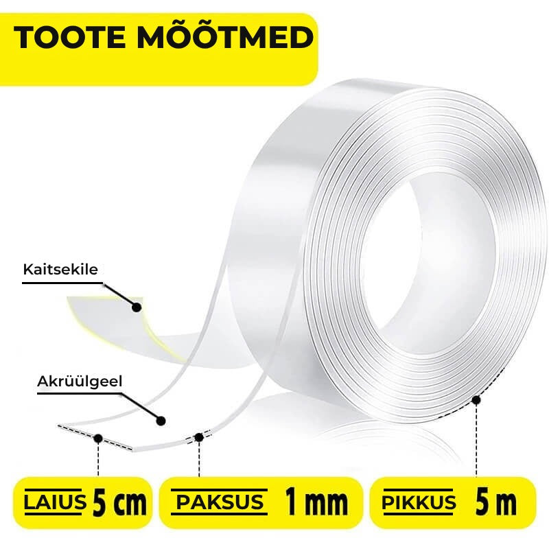 Banda dublu adeziva puternica cu Tehnologie Nano, Edman, Transparenta, Siliconica, Rezistenta la apa, Reutilizabila, Nu lasa urme, Grosime 1mm, Latime 5 cm, Lungime 5m
