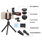 Set 4 in 1 lentile profesionale smartphone Apexel APL-HS12XDG3ZJ, prindere filet 17mm, Obiectiv zoom 12x, Fisheye, Macro, Wide, Mini trepied pentru telefoane, cu clema de prindere inclusa