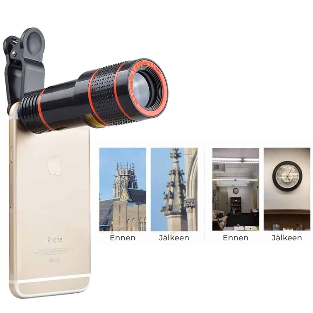 Set 4 in 1 lentile profesionale smartphone Apexel APL-HS12XDG3ZJ, prindere filet 17mm, Obiectiv zoom 12x, Fisheye, Macro, Wide, Mini trepied pentru telefoane, cu clema de prindere inclusa