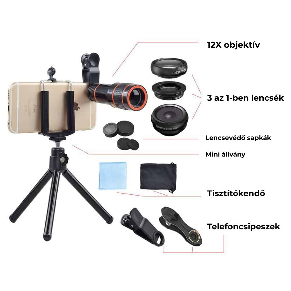 Set 4 in 1 lentile profesionale smartphone Apexel APL-HS12XDG3ZJ, prindere filet 17mm, Obiectiv zoom 12x, Fisheye, Macro, Wide, Mini trepied pentru telefoane, cu clema de prindere inclusa