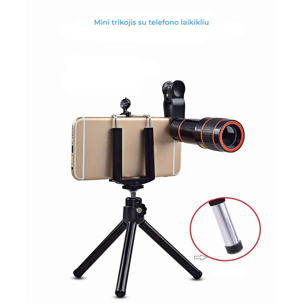 Set 4 in 1 lentile profesionale smartphone Apexel APL-HS12XDG3ZJ, prindere filet 17mm, Obiectiv zoom 12x, Fisheye, Macro, Wide, Mini trepied pentru telefoane, cu clema de prindere inclusa