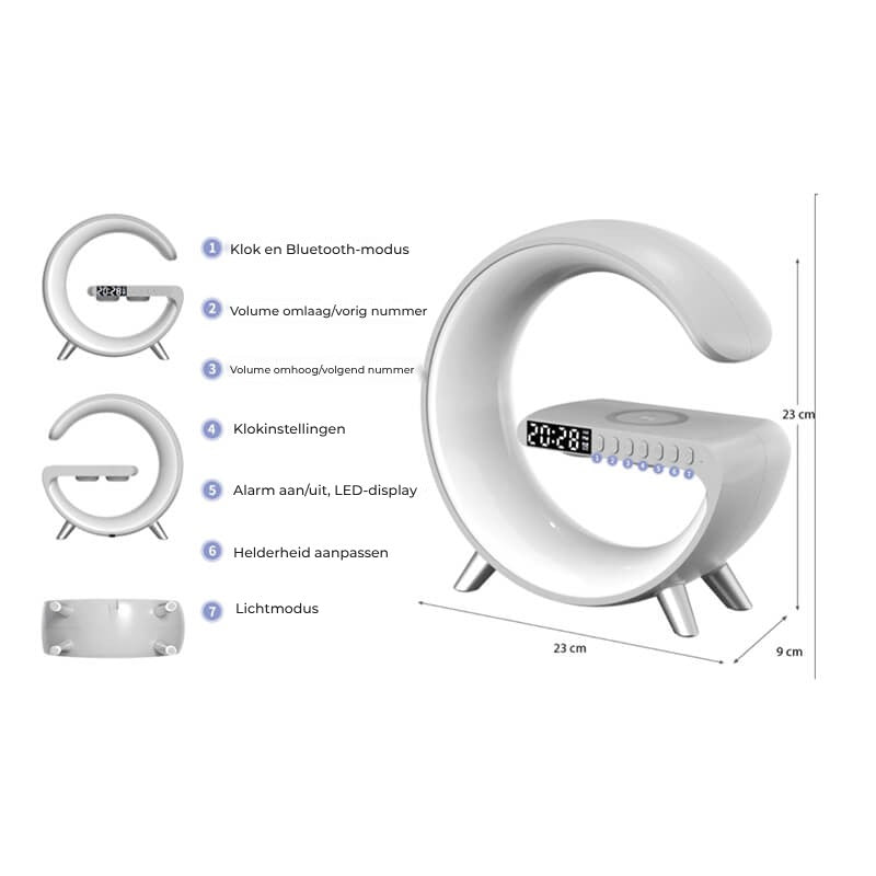 Lampa inteligenta Edman RGB, cu incarcare rapida, fara fir, difuzoare, afisaj digital, alarma, control prin aplicatie, Gri