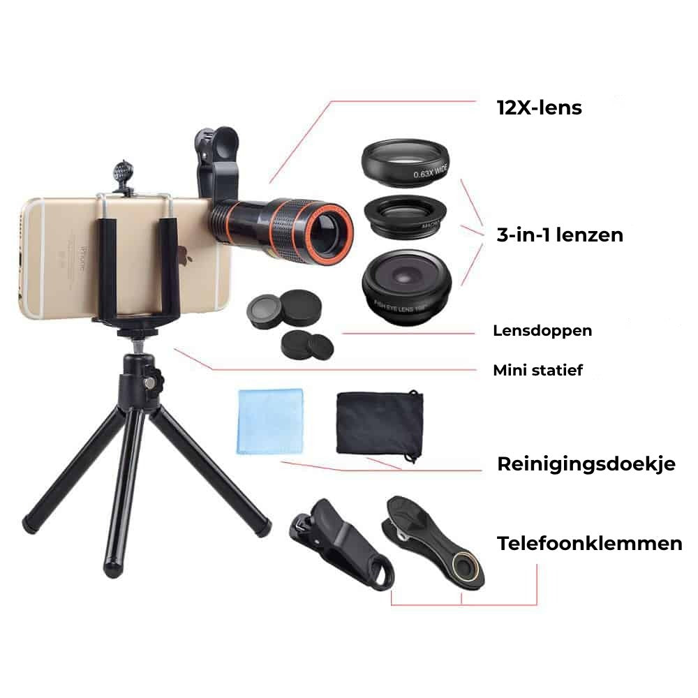 Set 4 in 1 lentile profesionale smartphone Apexel APL-HS12XDG3ZJ, prindere filet 17mm, Obiectiv zoom 12x, Fisheye, Macro, Wide, Mini trepied pentru telefoane, cu clema de prindere inclusa