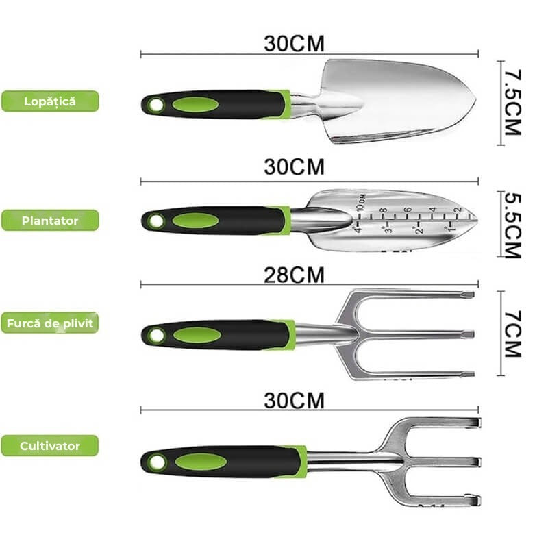 Set de gradinarit Edman 5 piese, otel inoxidabil, Negru/Verde