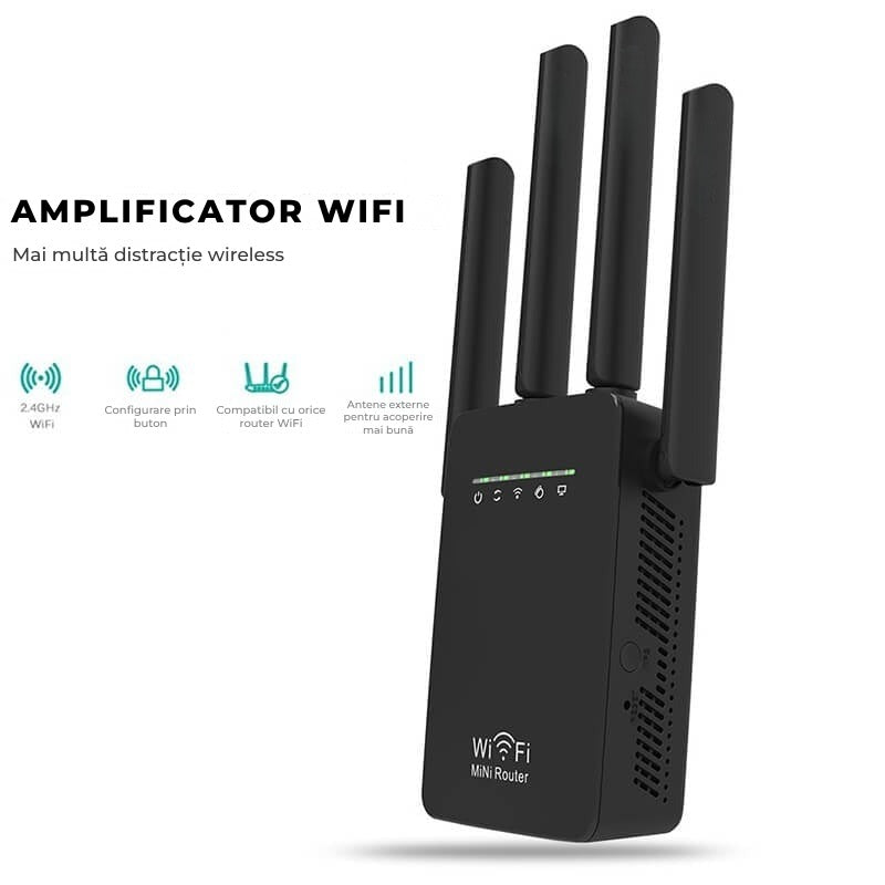 Amplificator de Semnal Wireless Edman, Range Extender Retea WIFI, Retea 2,4GHz, Viteza 300Mbs, 4 Antene, Slot LAN, Compatibil cu 3G / 4G / 5G, Raza de actiune pana la 300M, Negru