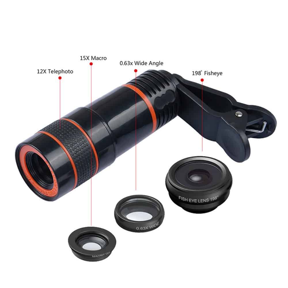 Set 4 in 1 lentile profesionale smartphone Apexel APL-HS12XDG3ZJ, prindere filet 17mm, Obiectiv zoom 12x, Fisheye, Macro, Wide, Mini trepied pentru telefoane, cu clema de prindere inclusa