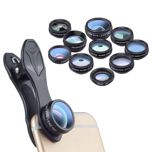 Apexel DG10 10-in-1 professional lens set for phones and tablets, 17mm thread, fisheye, 15x macro, wide, 2x telescope, kaleidoscope, CPL, flow, radial, star, universal clip