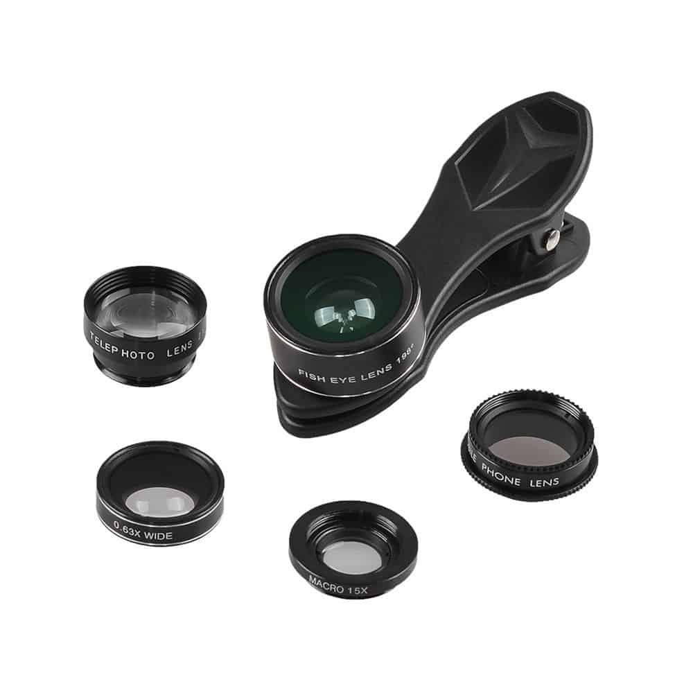 Set 5 in 1 lentile profesionale smartphone Apexel DG5, prindere filet 17mm, Macro, Fish-eye, Wide Angle, Telescope si CPL, lentile foto telefon mobil pentru Samsung iPhone, Xiaomi, Huawei