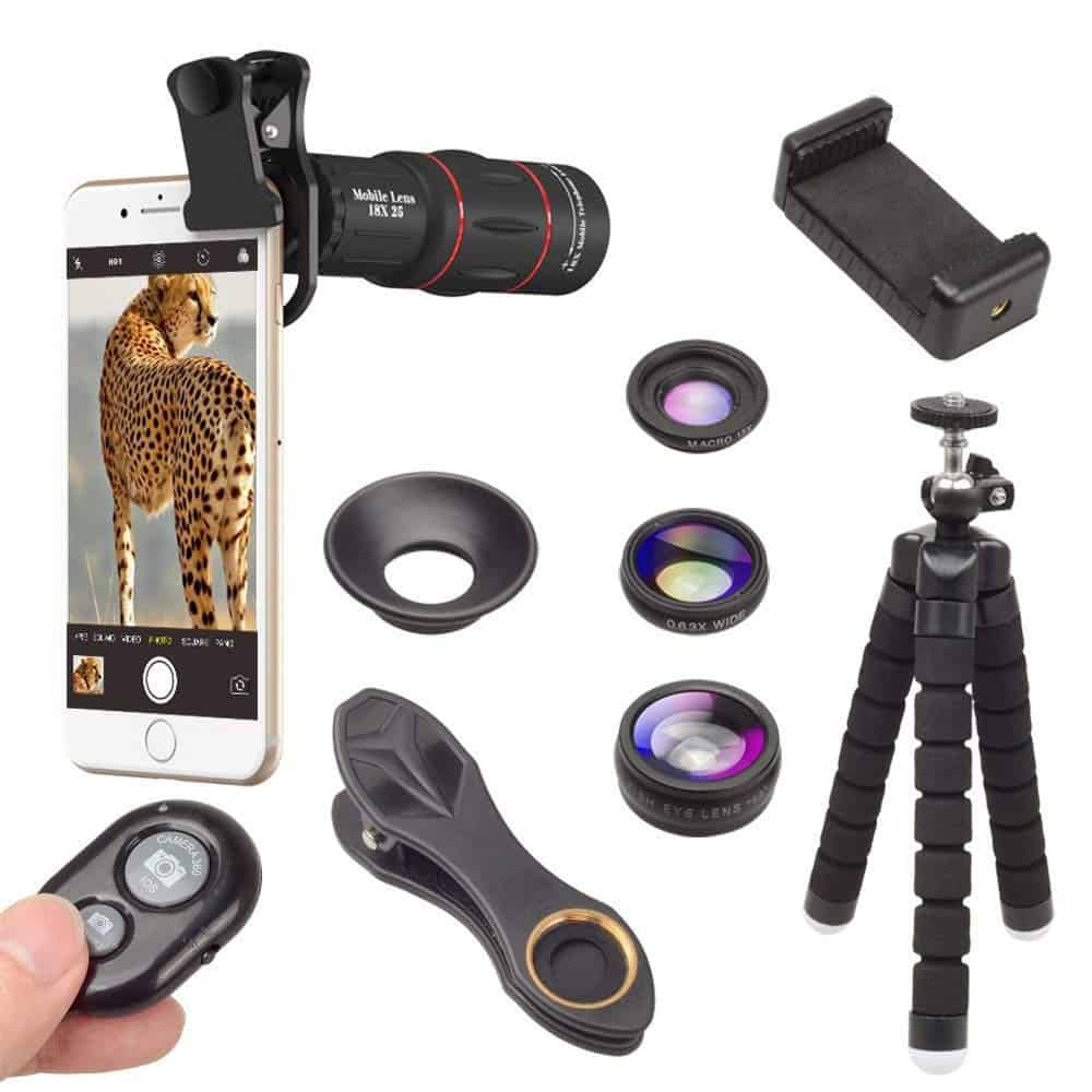 Set lentile 4 in 1 profesionale Apexel APL-T18BZJ5 - 4 in 1 Telecomanda, Obiectiv 18x, 0.63x Wide + Macro 15X, FishEye 198 grade, cu clip universal pentru camera foto, telefoane sau tablete