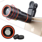 Set 4 in 1 lentile profesionale smartphone Apexel APL-HS12XDG3ZJ, prindere filet 17mm, Obiectiv zoom 12x, Fisheye, Macro, Wide, Mini trepied pentru telefoane, cu clema de prindere inclusa