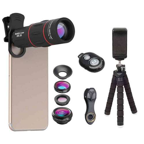 Open box: Apexel APL-T18BZJ5 4-in-1 professional lens set - remote, 18x lens, 0.63x wide + 15X macro, 198° fisheye, universal clip for cameras, phones or tablets