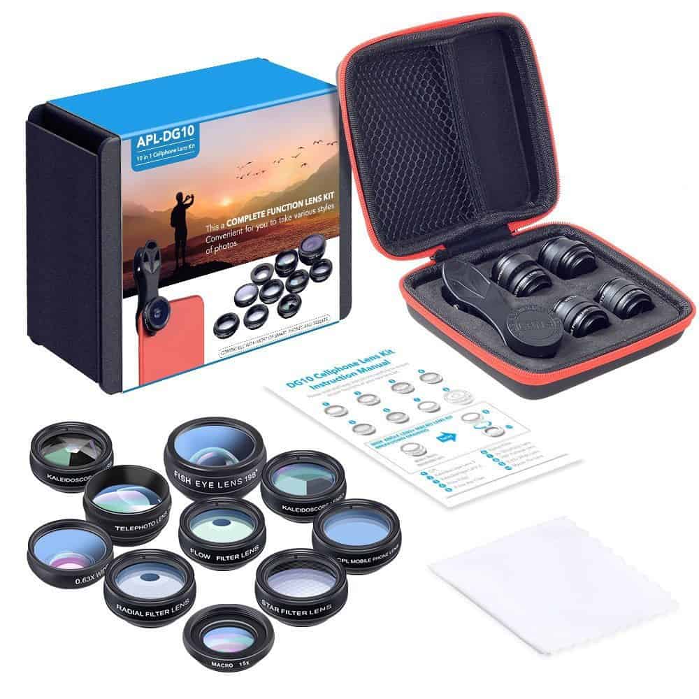Set lentile 10 in 1 profesionale pentru telefoane si tablete Apexel DG10 - 10 in 1, prindere filet 17mm, Fisheye, Macro 15x, Wide, Telescope 2x, Kaleidoscope, CPL, Flow, Radial, Star, cu clip universal