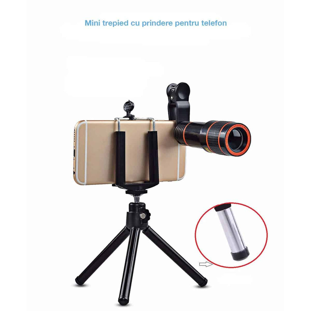 Set 4 in 1 lentile profesionale smartphone Apexel APL-HS12XDG3ZJ, prindere filet 17mm, Obiectiv zoom 12x, Fisheye, Macro, Wide, Mini trepied pentru telefoane, cu clema de prindere inclusa