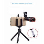 Set 4 in 1 lentile profesionale smartphone Apexel APL-HS12XDG3ZJ, prindere filet 17mm, Obiectiv zoom 12x, Fisheye, Macro, Wide, Mini trepied pentru telefoane, cu clema de prindere inclusa