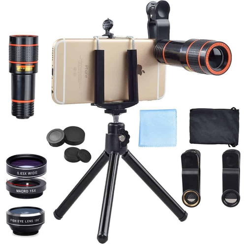 Apexel APL-HS12XDG3ZJ 4-in-1 professional smartphone lens set, 17mm thread, 12x zoom lens, fisheye, macro, wide, mini phone tripod, clip included