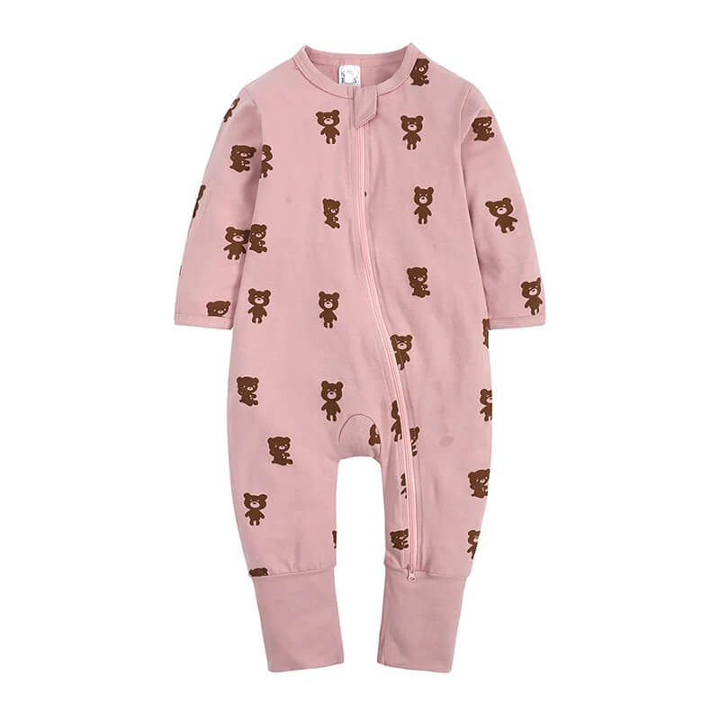 Salopeta pijama Edman bebe/copii Teddybear cu maneca lunga, fermoar reversibil, bumbac, 6-12 luni, Roz pal