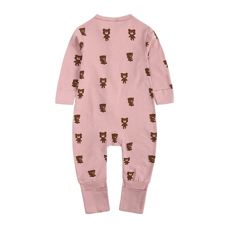 Salopeta pijama Edman bebe/copii Teddybear cu maneca lunga, fermoar reversibil, bumbac, 6-12 luni, Roz pal