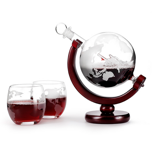 Edman globe decanter set with wooden stand and 2 wine glasses, Burgundy