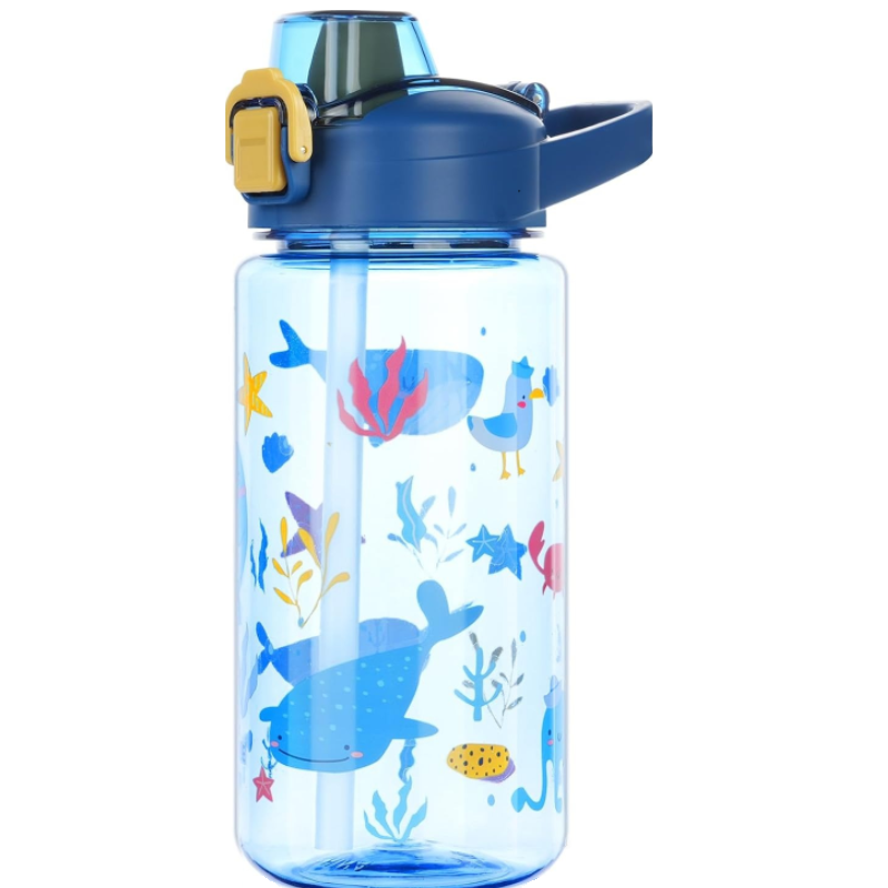Sticla apa pentru copii Edman 600ml, rezistenta la scurgeri, model balena, Albastru