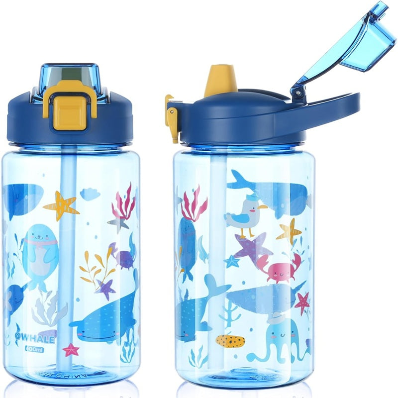Sticla apa pentru copii Edman 600ml, rezistenta la scurgeri, model balena, Albastru